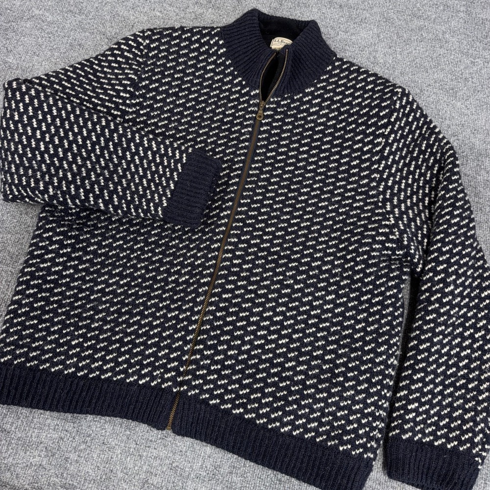 LL Bean Sweater Jacket Men XL Navy Birdseye Full Zip Fleece Lined Wool Norway